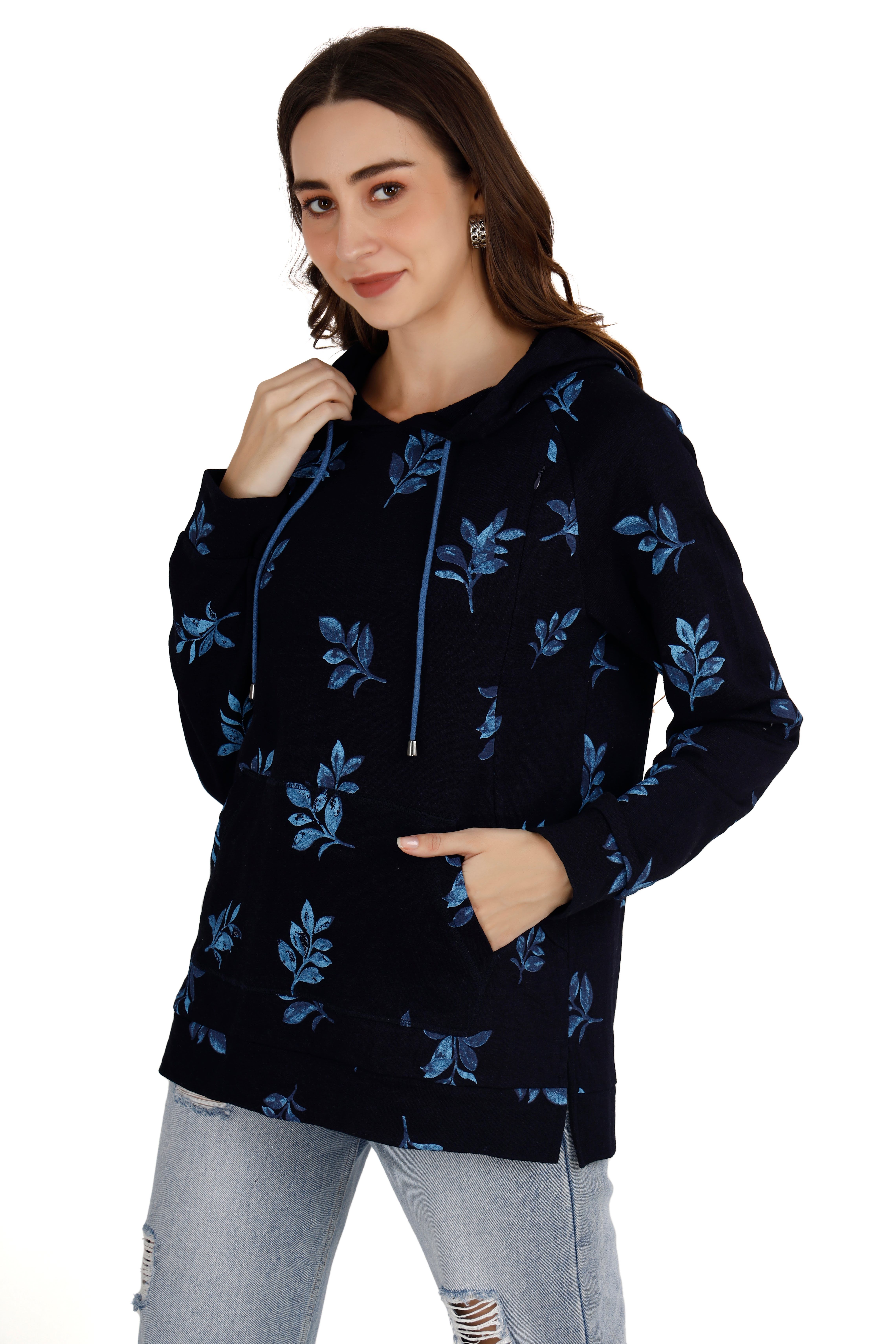 Women's Floral Navy Blue Hoodie - View 1